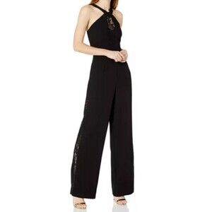 BCBGeneration Women's  Jumpsuit  Lace Contrast Black Wide Leg Halter Neck Size 0